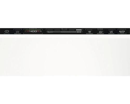 Vaatwasser bedieningspaneel met resetknop, startuitstel, eco-display, tijdselectieknop, extra's zoals extra stil, extra power en auto sense programma