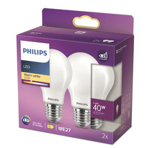 Verpakking van twee Philips ledlampen, warm wit, 2700 kelvin, E27 fitting