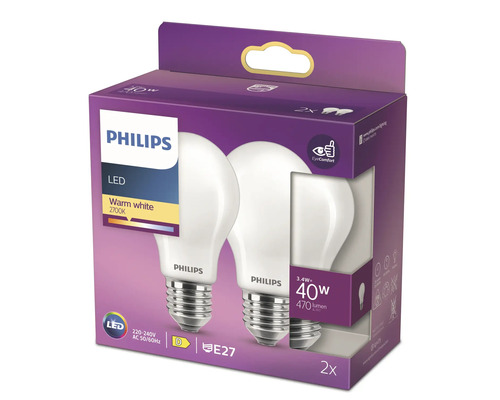 Verpakking van twee Philips ledlampen, warm wit, 2700 kelvin, E27 fitting