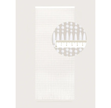 Decoratief draadgordijn met kralen en een detailaanzicht met een meetlat om de afmetingen aan te geven