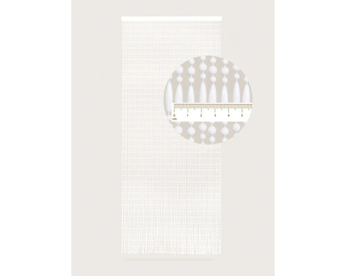 Decoratief draadgordijn met kralen en een detailaanzicht met een meetlat om de afmetingen aan te geven