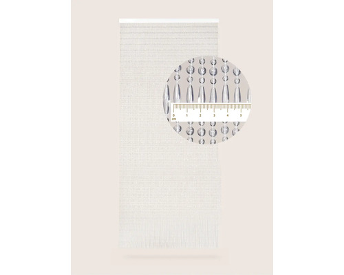 Gordijn van transparante kralen met lengteaanduiding in centimeters