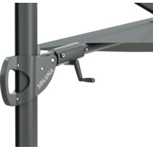 Detailopname van een parasol met slinger mechanisme en Soluna logo