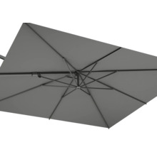 Detailopname van een grijze parasol van onderen, die de constructie laat zien