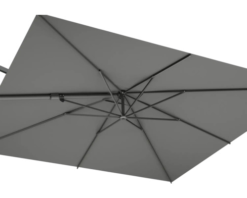 Detailopname van een grijze parasol van onderen, die de constructie laat zien