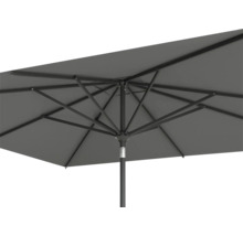 Detailopname van een rechthoekige parasol van onderen met metalen frame