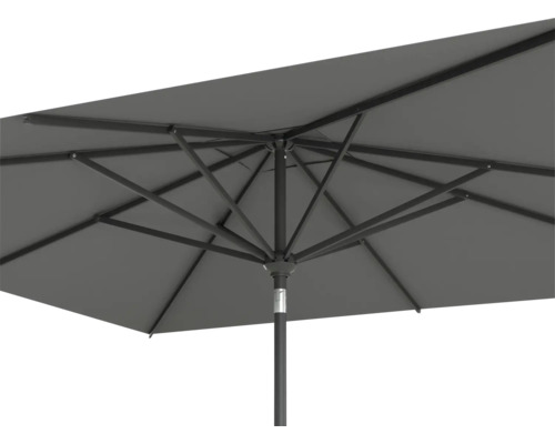 Detailopname van een rechthoekige parasol van onderen met metalen frame
