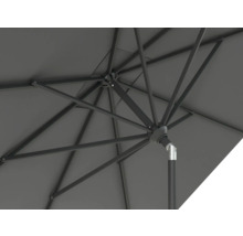 Gedetailleerd aanzicht van een parasol, waarbij de stutten en het mechanisme zichtbaar zijn