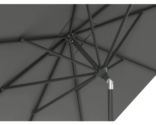 Gedetailleerd aanzicht van een parasol, waarbij de stutten en het mechanisme zichtbaar zijn