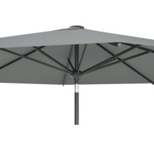 Gedetailleerd beeld van een open grijze parasol met metalen frame