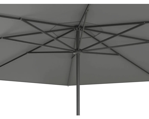 Onderaanzicht van een grijze parasol met metalen frame