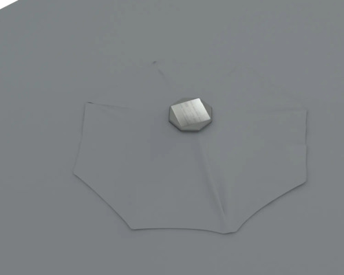 Detailopname van een parasol met stoffen bekleding en bevestigingselement.