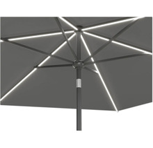 Detailweergave van een parasol met LED-verlichting op de baleinen