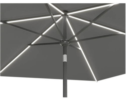 Detailweergave van een parasol met LED-verlichting op de baleinen