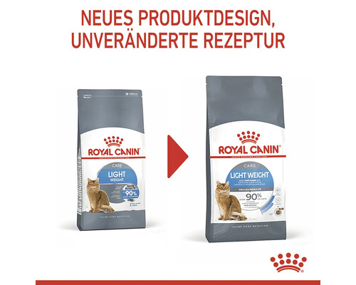 Twee verpakkingen Royal Canin Light Weight kattenvoer in vergelijking: nieuw productontwerp, ongewijzigde receptuur