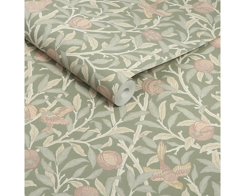 Behang met vogel-, bladeren- en granaatappelmotief