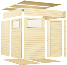Afzonderlijke delen van een houten tuinhuis met ramen en deur