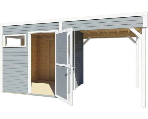 Houten tuinhuis met dubbele deur en afdak