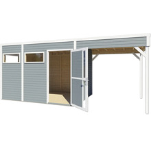 Houten tuinhuis met twee ramen en open dubbele deur