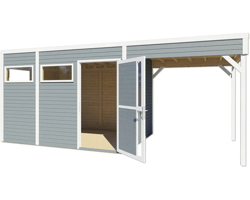Houten tuinhuis met twee ramen en open dubbele deur