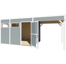Houten tuinhuis met ramen en open deur