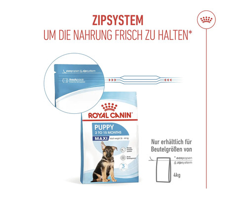 Royal Canin Logo. Verpakking voor puppyvoer met ritssluiting voor maximale rashonden van 2 tot 15 maanden