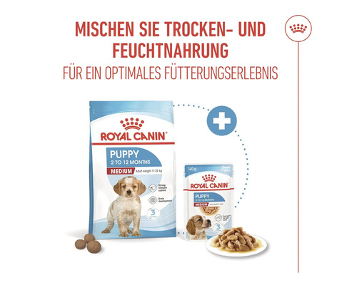 Royal Canin Logo. Verpakking honden droogvoer en natvoer voor puppy's van het formaat medium