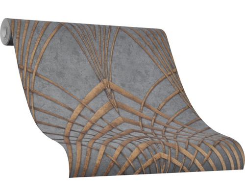 Rol behang met grafisch patroon in grijs- en goudtinten