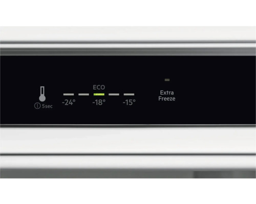 Close-up van het digitale display van een vriezer, met de temperatuurinstellingen en de optie Extra Freeze.