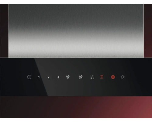 Bedieningspaneel van een afzuigkap met verschillende symbolen voor functies en vermogensstanden