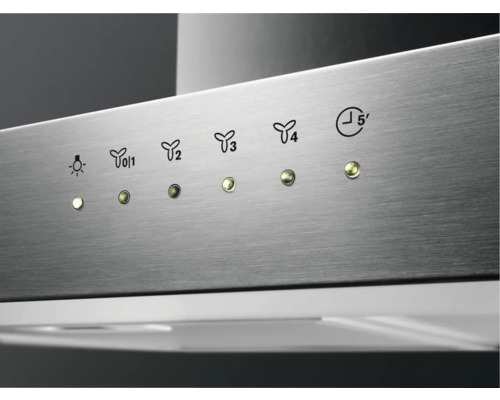 Bedieningspaneel van een afzuigkap met verlichting, snelheidsstanden en timerfunctie