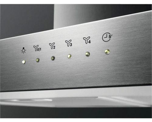 Close-up van de bedieningselementen van een afzuigkap met lichtsymbool, ventilatorsnelheidssymbolen en timerfunctie.