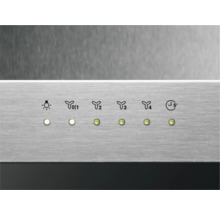 Bedieningspaneel van een afzuigkap met verlichtingssymbool, ventilatorsnelheidssymbolen en timerfunctie