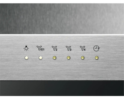 Bedieningspaneel van een afzuigkap met verlichtingssymbool, ventilatorsnelheidssymbolen en timerfunctie