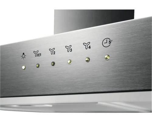 Bedieningselementen van een roestvrijstalen afzuigkap met verlichting, ventilatorsnelheden en timer.