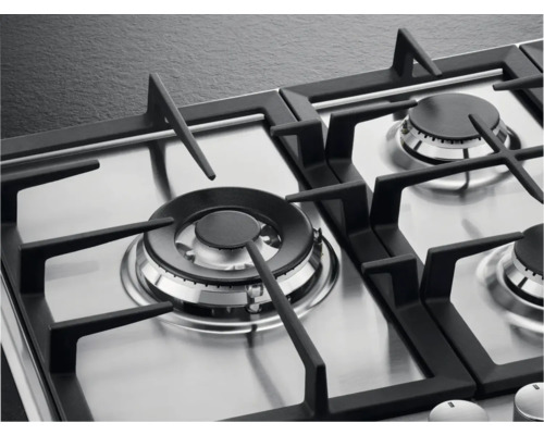 Roestvrijstalen gaskookplaat met meerdere branders en zwarte pannendragers