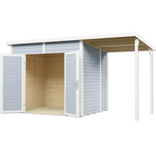 Houten tuinhuis met dubbele deur en overkapping