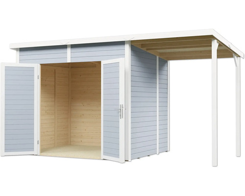 Houten tuinhuis met dubbele deur en overkapping