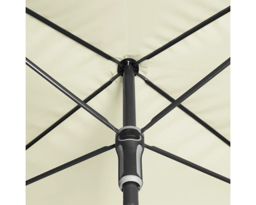 Detail van de onderkant van een parasol met baleinen en mast