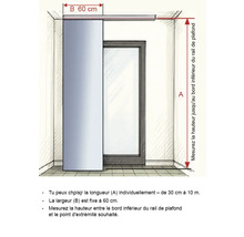 Illustratie van een kamer met een schuifdeur en afmetingen voor de montage