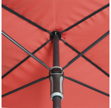Detailaanzicht van een open parasol met metalen frame en centrale stang