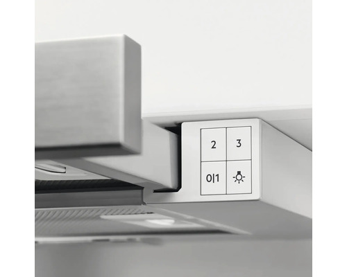 Bedieningspaneel van een afzuigkap met knoppen voor vermogensstanden en verlichting