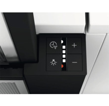 Bedieningspaneel van een afzuigkap met symbolen voor timer, ventilator, licht en vermogensstanden