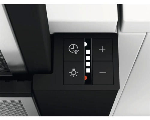 Bedieningspaneel van een afzuigkap met symbolen voor timer, ventilator, licht en vermogensstanden