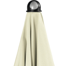 Gesloten parasol met zwarte houder en lichte bekleding.