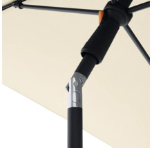 Gedetailleerde weergave van een parasol met een zwart frame en een lichtgekleurd scherm