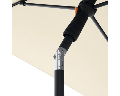 Gedetailleerde weergave van een parasol met een zwart frame en een lichtgekleurd scherm