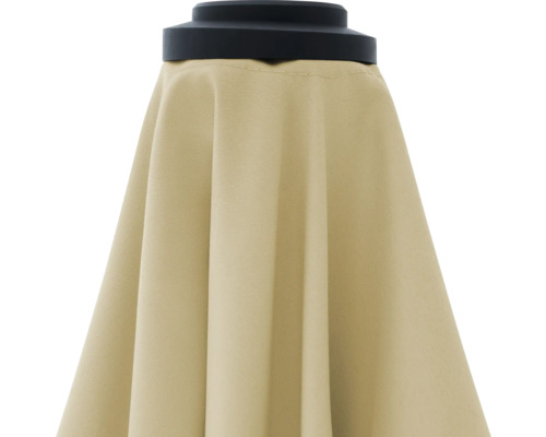 Detailweergave van een parasol met beige bekleding en zwarte punt