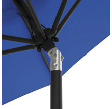 Detailopname van een parasol met blauw schermdoek en zwart frame