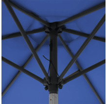 Detailopname van de onderkant van een blauwe parasol met metalen frame